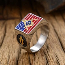 Men's Vintage USA Flag Masonic AG Ring Stainless Steel Biker Punk Ring Size 7-13