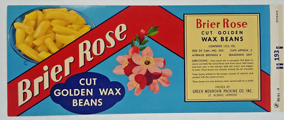 c.1930s St Albans Vermont Can Label BRIER ROSE Golden Wax BEANS 1940s 1950s
