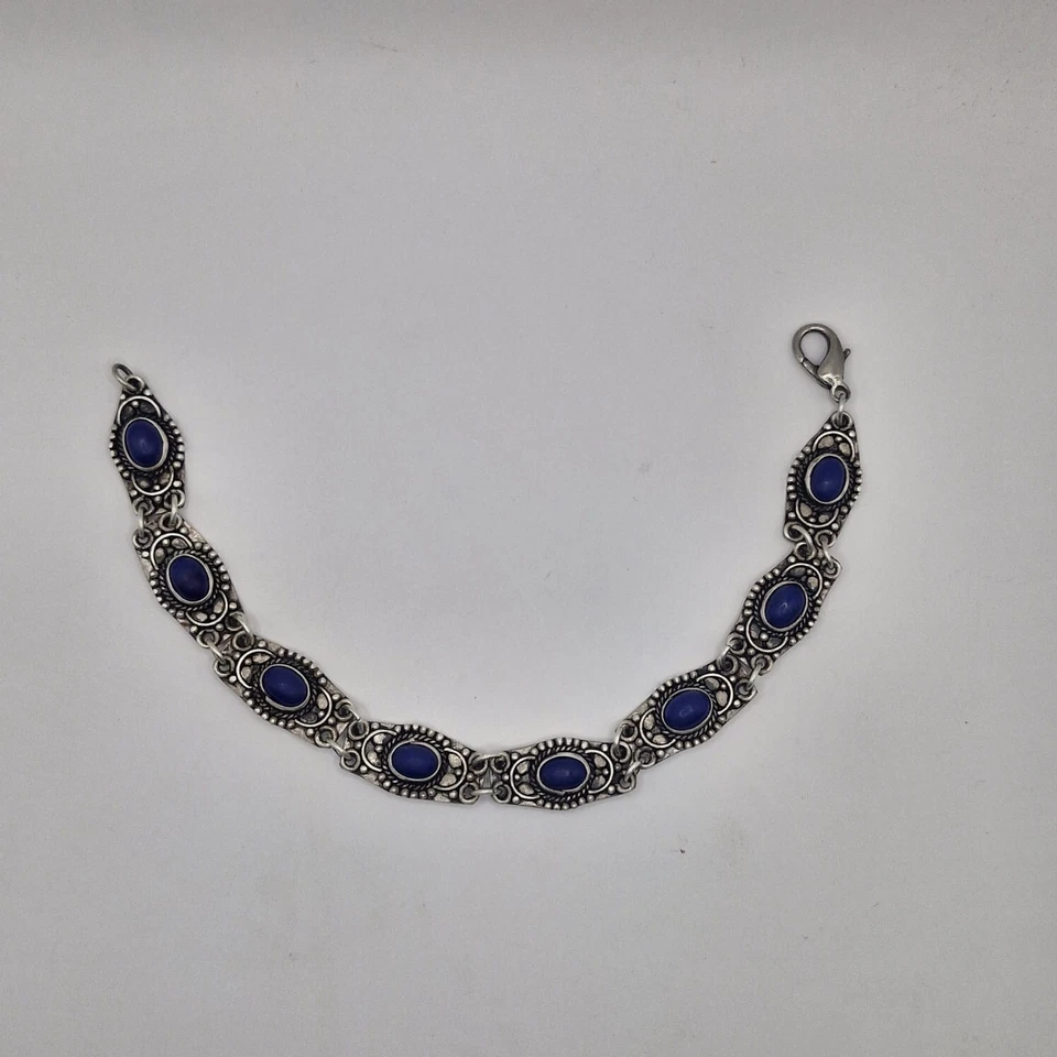 Bracciale Vintage Argento Sterling 925 Lapislazzuli Fatto a Mano Stile Etnico... - Immagine 3 di 4