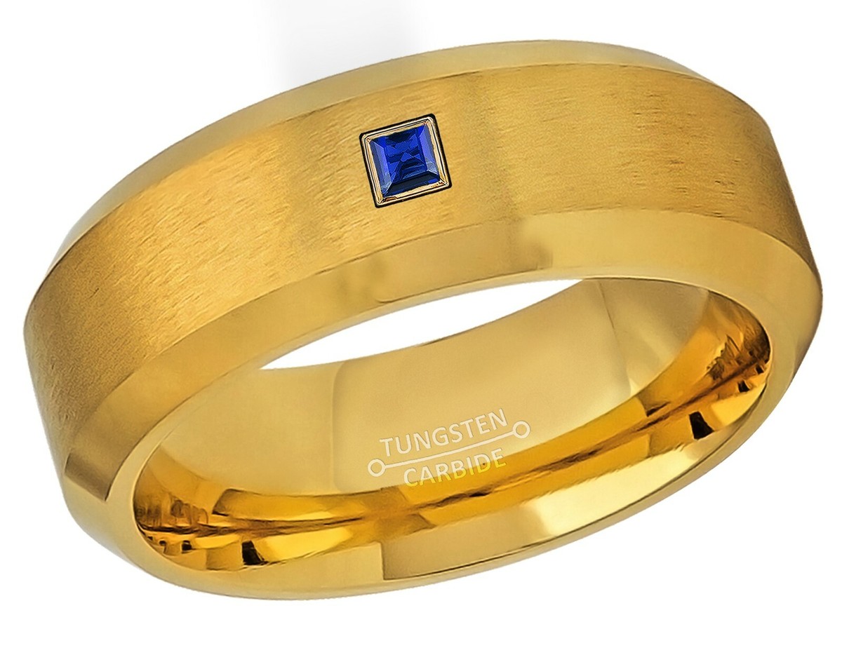 Princess Cut Sapphire Ring, 8mm Yellow Gold Tungsten