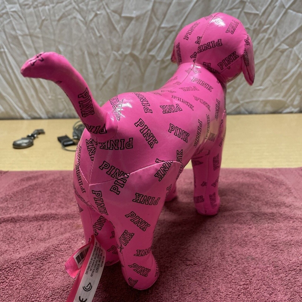 Victorias Secret Bright Pink Dog Plush Vinyl Stuffed 10” VS Logo Brand