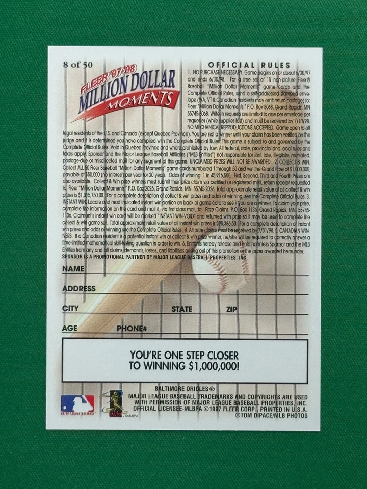 1997-98 Fleer Million Dollar Moments Baseball #8 of 50 Cal Ripken Jr. - Image 2 of 2