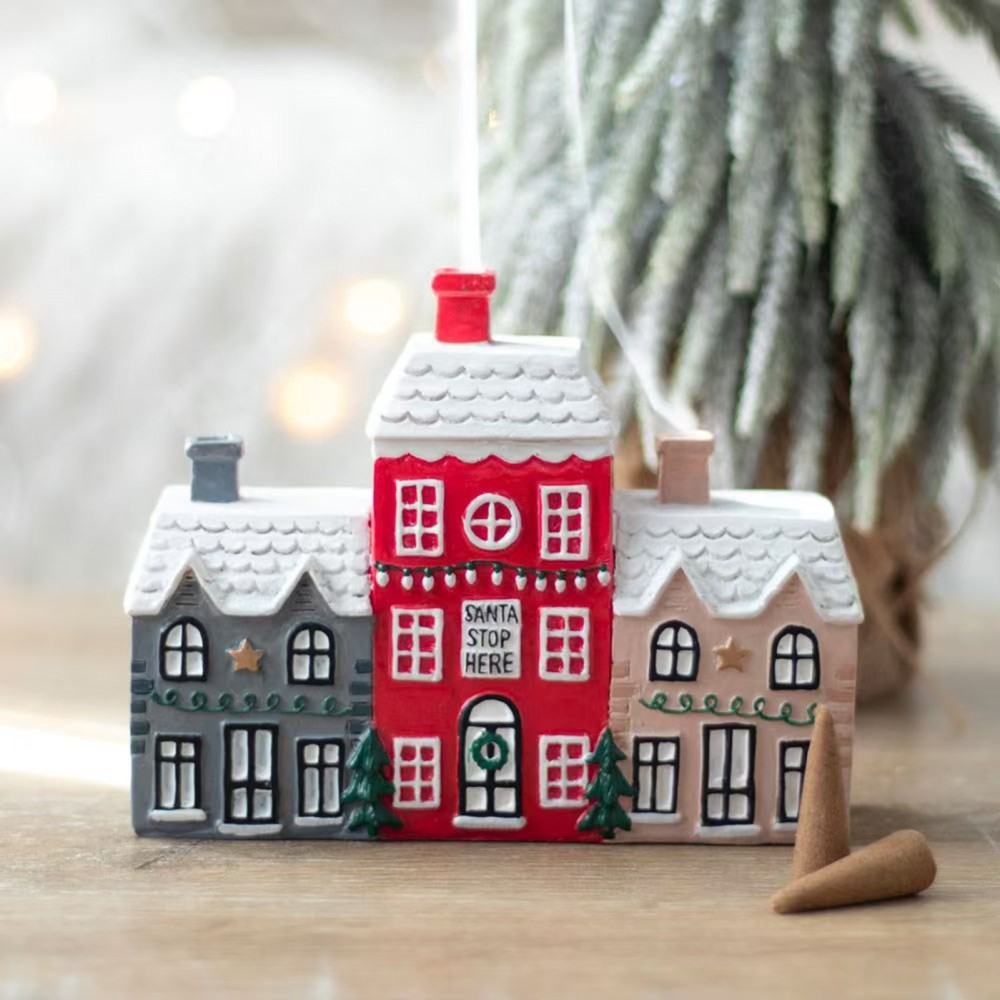 Christmas Village Log Cabin Incense Burner House Resin Incense Cone Holder Decor