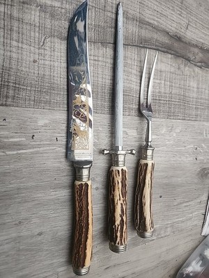 Vintage Anton Wingen 3 Piece Antler Handle Solingen-Germany Rostfrei Carving Set