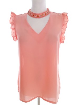 AZARA Damen Bluse Gr. S Rosa Kurzer Ärmel Kristalle Haltertop