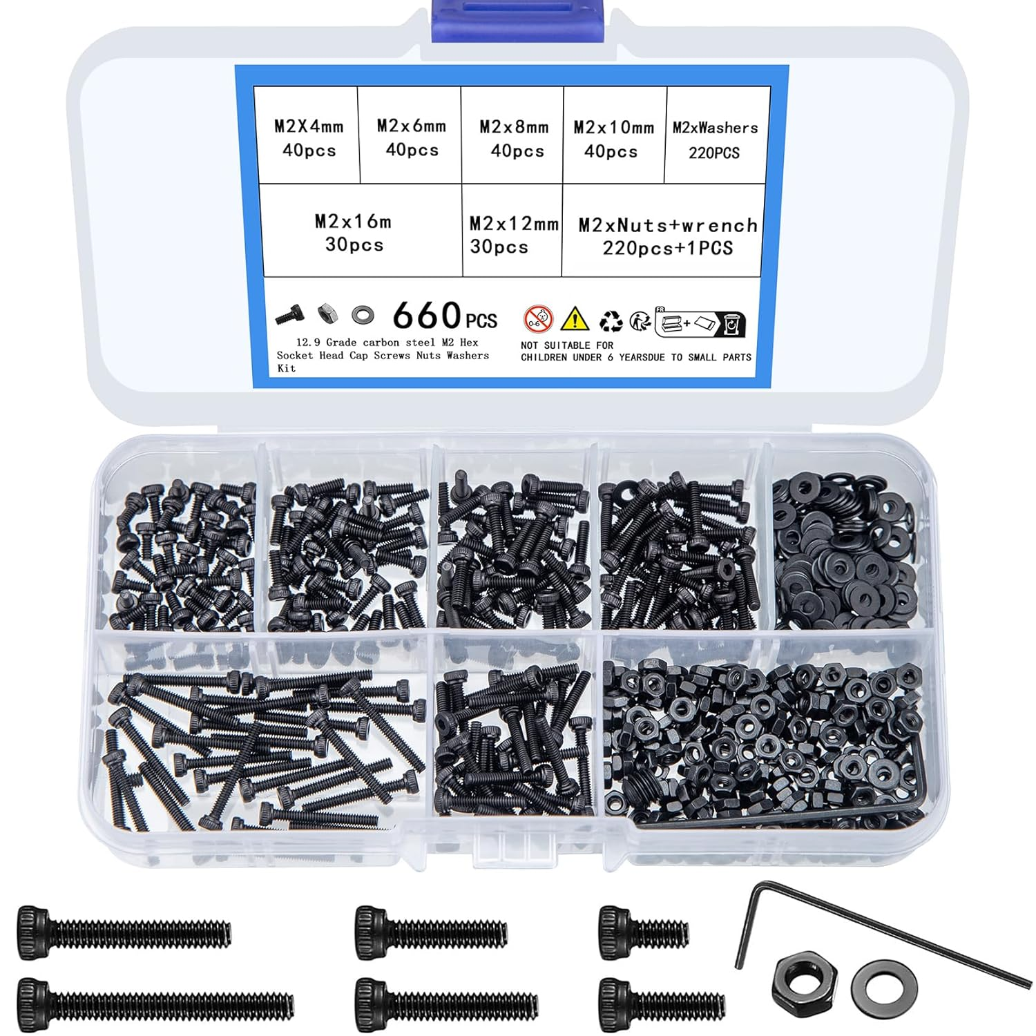660 Pcs M2 Screws Nuts and Washers Assortment Kit, Hex Socket Head Cap Screws Bo