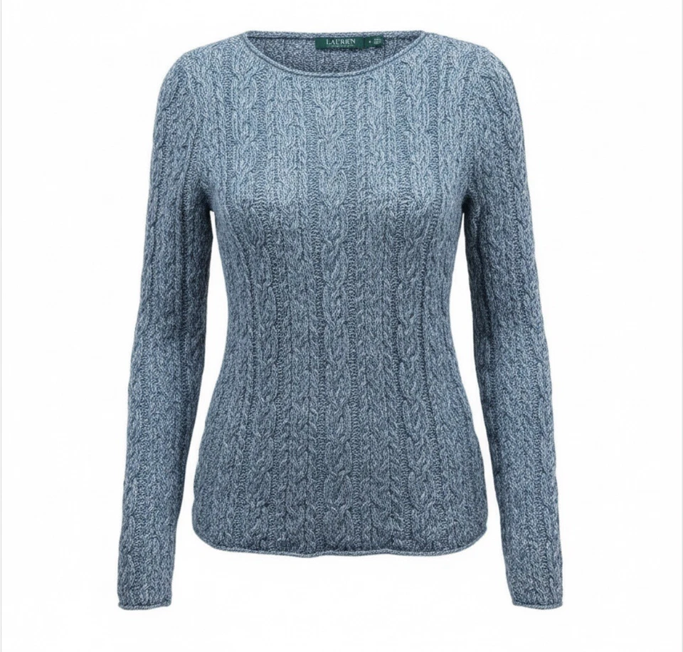 Suéter Ralph Lauren Tejido con Cable Para Mujer’s M Azul Gris Brezo Suave Preppy Foto 2 de 4