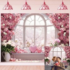Happy Valentines Day Backdrop Pink Rose Window Photography 8x6 FT 240x180cm