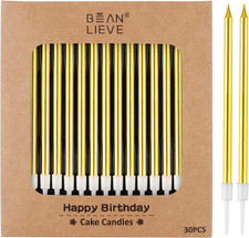30-Count Gold Long Thin Metallic Birthday Candles, Cake Candles, Birthday Partie