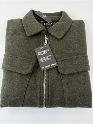 BoohooMAN Regular Fit Pocket Detail Jacket Wool Look Harrington Green Size M