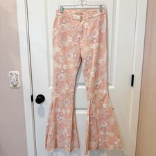 Womens Floral Groovy Bell Bottom Flare Jeans Size Large Hippie 70s Festival Boho