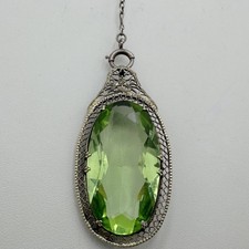 ANTIQUE ART DECO STERLING SILVER FILIGREE GREEN GLASS PASTE PENDANT NECKLACE