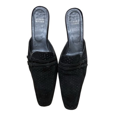 Stuart Weitzman Black Suede Perforated Mule Heels Women s 11M Pointed Toe