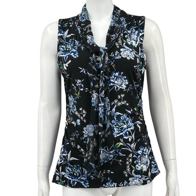 #ad #ad White House Black Market Top Womens Medium Black Dark Floral Tie Neck Stretch $3.03