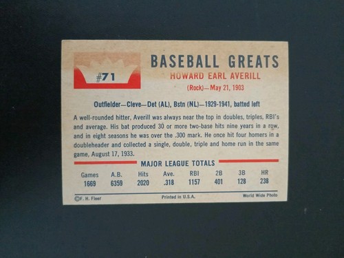1960 Fleer # 71 Earl Averill Free Shipping - Picture 2 of 2