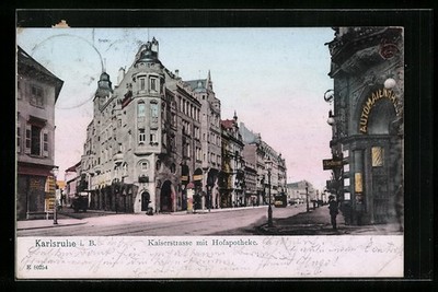 AK Karlsruhe i. B., Kaiserstrasse mit Hofapotheke und Strassenbahn 1904 
