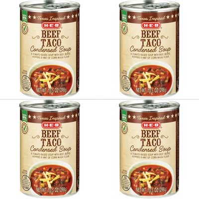 HEB Texas Inspired Beef Taco Condensed Soup, 10.5 oz - Lot of 4 Cans