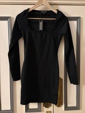 Pretty Little Thing Black Textured Square Neck Long Sleeve Bodycon Dress, UK 10