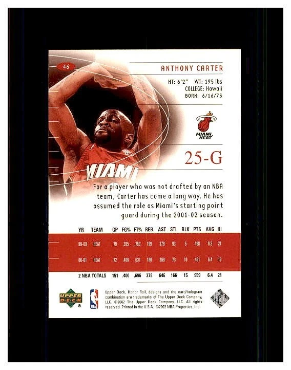 2001-02 Upper Deck Honor Roll #46 Anthony Carter MIAMI HEAT MINT - Image 2 of 2
