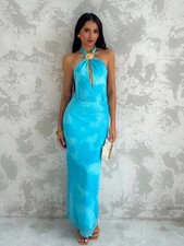 Blue Satin Halter Cut-Out Long Maxi Dress, Women One Size Tie Dye