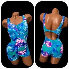 VTG Maxine Of Hollywood Floral One Piece Swimsuit Ruched Blue Pink Pinup 12