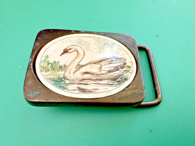 Vintage 1981 BTS Solid Brass Swan Scrimshaw Belt Buckle Made in USA