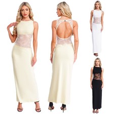 Womens Lace Patchwork Maxi Dress Elegant Hollow Out Bodycon Backless Tank Dress