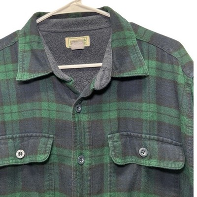 LL Bean Jacket Shacket Mens L Blue Green Plaid Fleece Lined Flannel 250393
