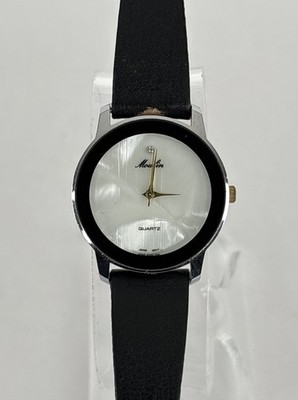 Moulin 30mm Silver Tone MOP Dial Quartz Watch w/Black Leather Band & New Battery