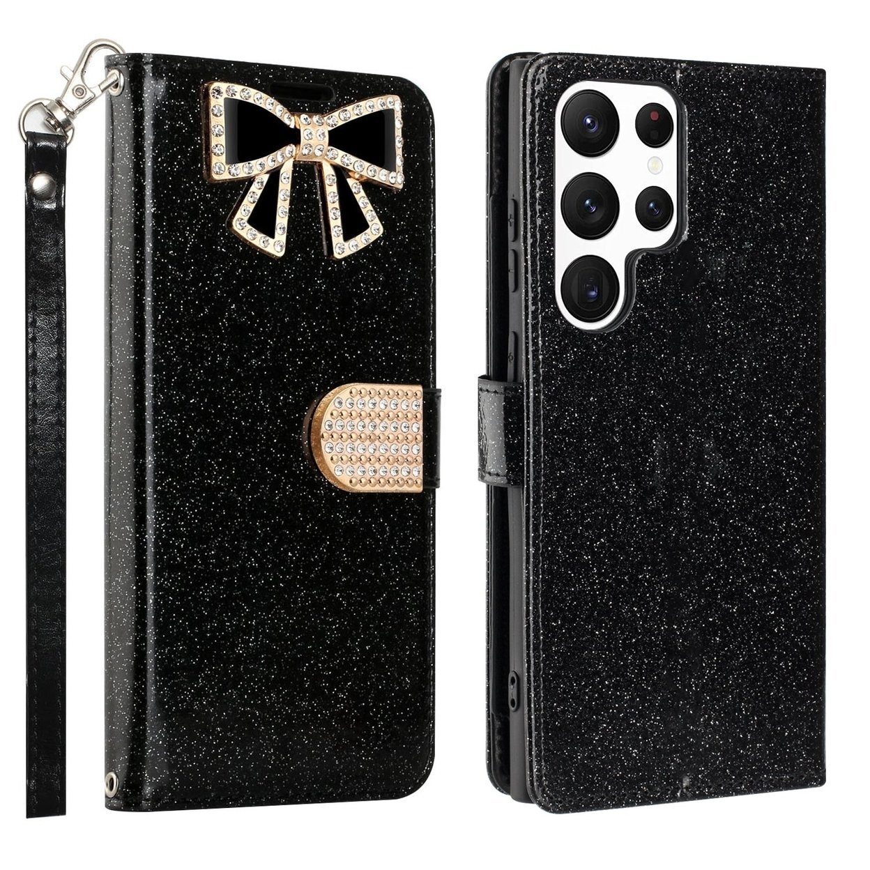 Samsung Galaxy S23 Ultra Wallet Case Glitter Bow Rhinestone Card Slot Folio-image