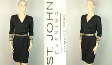 ST JOHN EVENING Black Gold Jeweled Santana Knee Length Sheath Dress 6