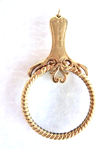 vINTAGE LORGNETTE MAGNIFYING GLASS NECKLACE JEWELRY GOLD TONE MONOGRAM neocurio - Picture 1 of 9