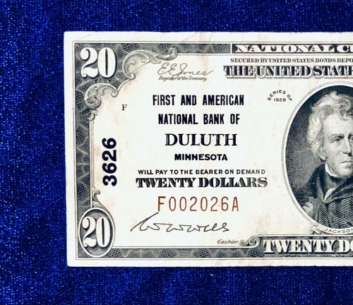 $20 Twenty Dollars 1929 National Currency FIRST AMERICAN NATIONAL BANK Of DULUTH