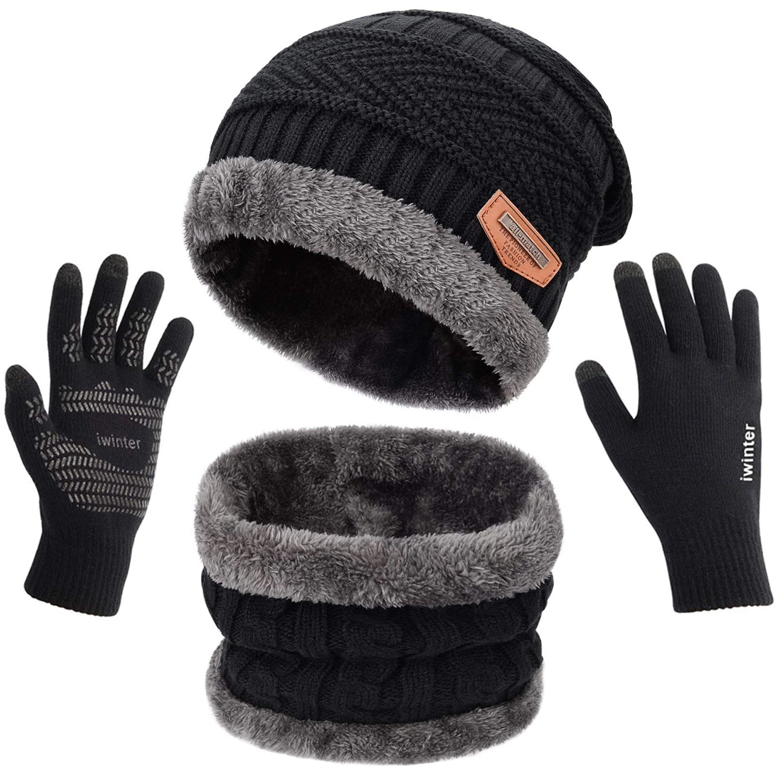 Winter Knit Beanie Hat Neck Warmer Scarf and Touch Screen Gloves
