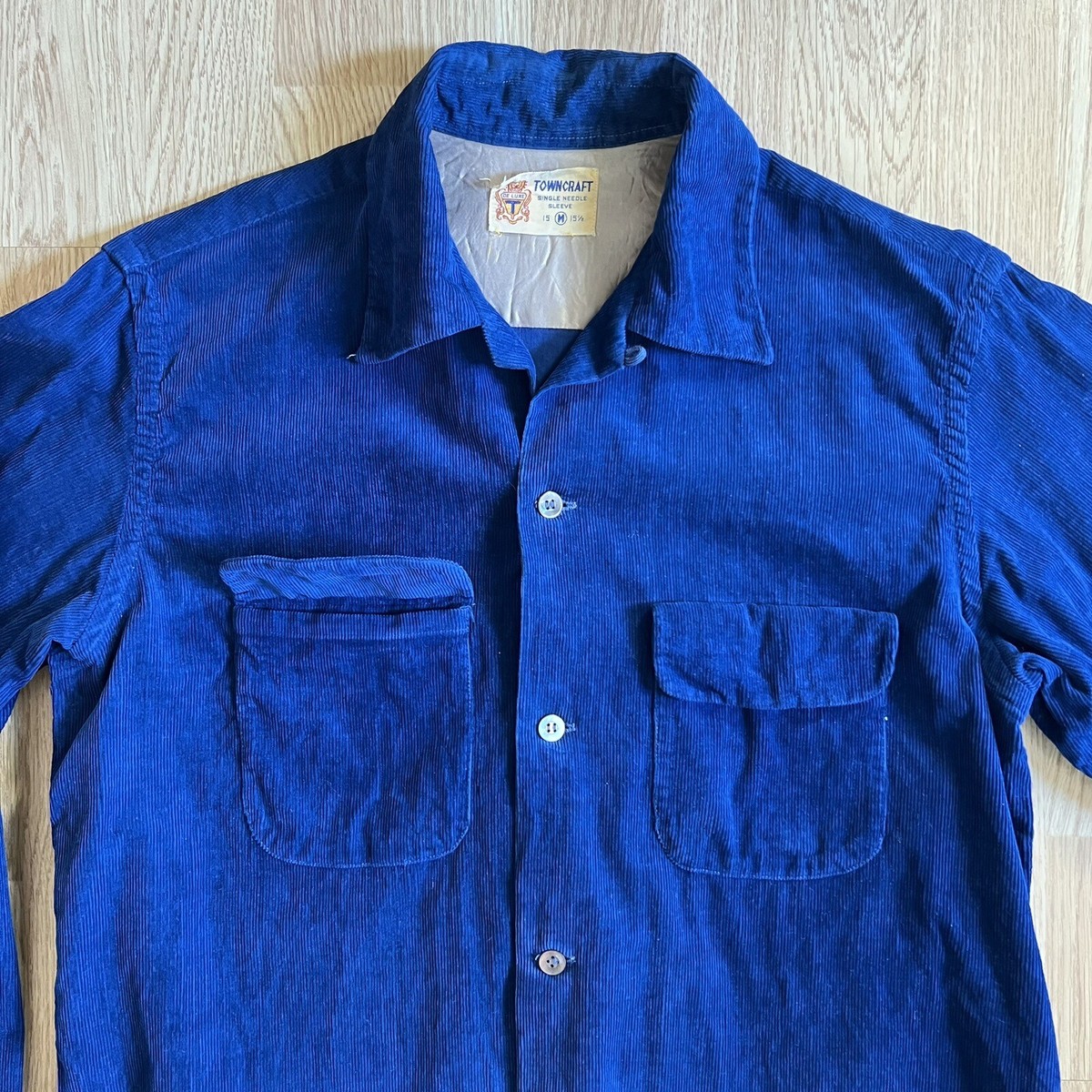 Vintage 60s Towncraft Loop Collar Corduroy Blue Shirt Men's