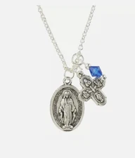 Miraculous Medal Necklace with Four Way Cross Pendant & Blue Bead Charm Catholic