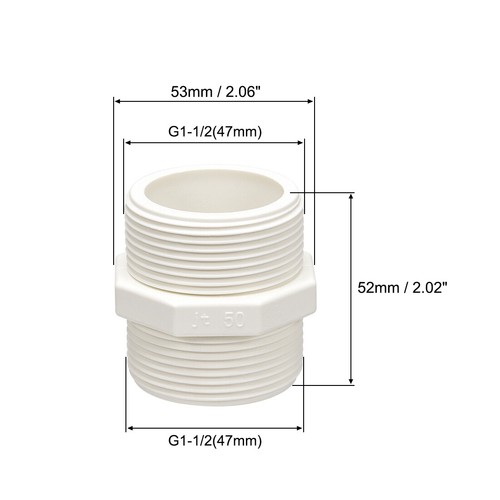 2pcs PVC Pipe Fitting Hex Nipple G1-1/2 x G1-1/2 Male Thread Adapter Connector - Picture 3 of 4