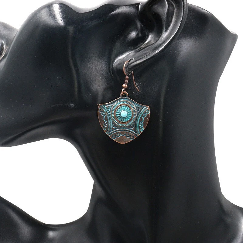 Moda Mujeres Pendientes Bohemios Vintage Bronce Envejecido Turquesa Escudo Estilo 1812 Foto 3 de 3