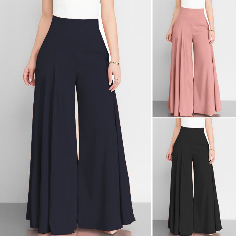 Women Zip Up High Waist Flare Palazzo Trousers Loose Wide Leg Culottes