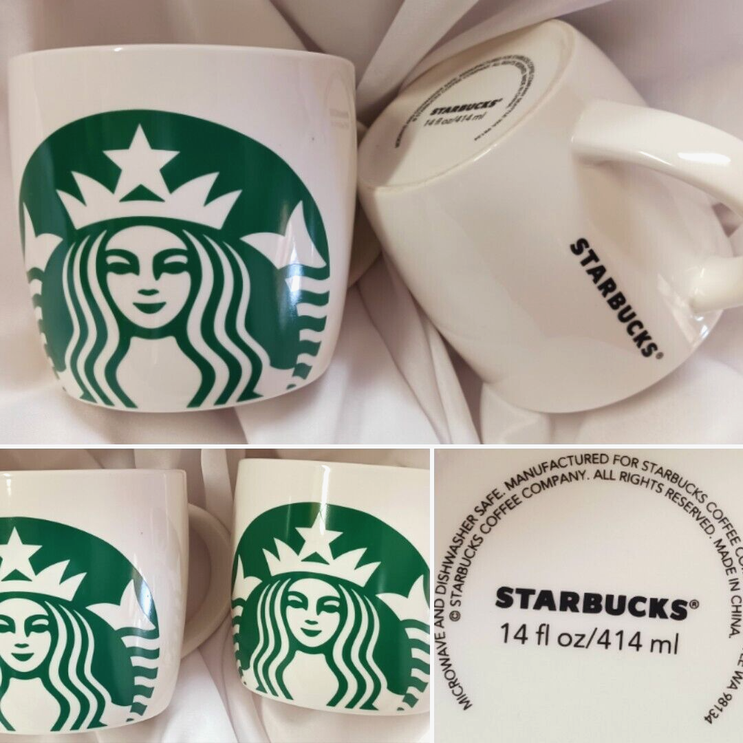 STARBUCKS COFFEE MUG 14 OZ CUP IN PLAIN WHITE WITH GREEN LETTERING
