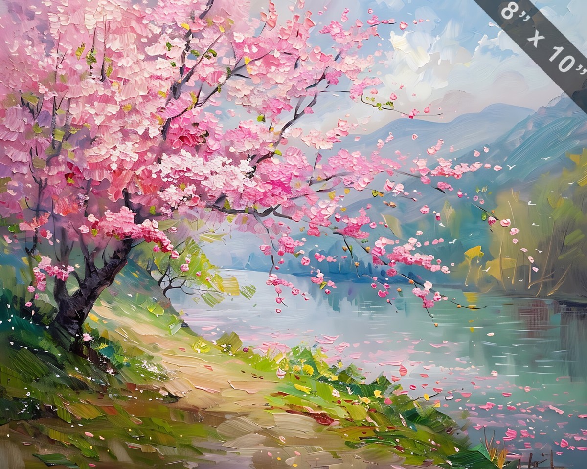 Pink cherry blossoms on a riverbank oil painting --ar 54 bea7a1f8