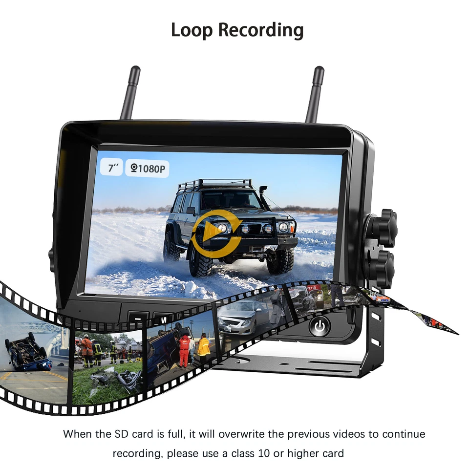 7" Wireless Quad Monitor DVR Solar Magnet Backup Camera For Truck Trailer Car - Image 3 of 4