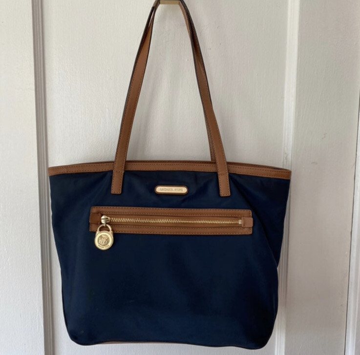 MICHAEL KORS Kempton Solid Navy Brown Nylon Tote Bag | eBay