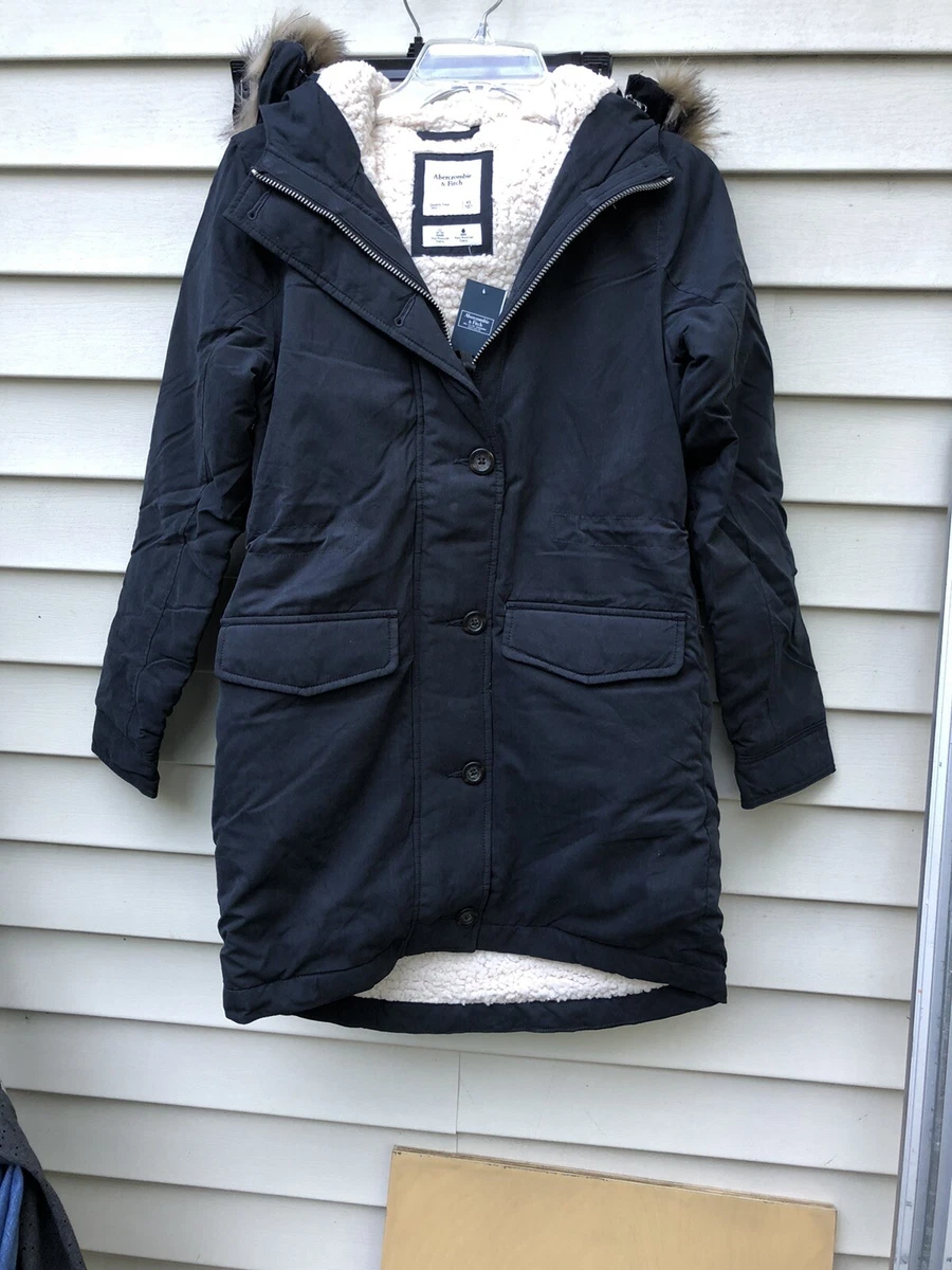 NWT Abercrombie And Fitch Women black Sherpa Lined Military Parka Coat XS 200