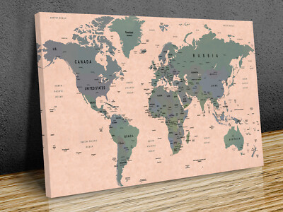 Classic World map countries capitals brown green  tones mounted  canvas print
