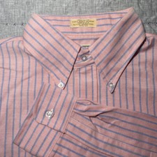 VTG LL Bean Shirt Mens 15 1/2 33 Blue Striped Pink Single Needle Long Sleeve USA