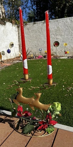 Reindeer Christmas Candle Holder Gold W/candles Litetyme In Box