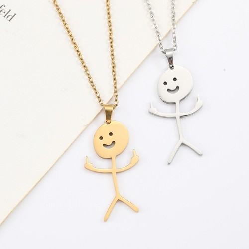 Fuxk You Necklace Stainless Steel Middle Finger Akimbo Stickman Pendant Jewelry - Picture 7 of 9