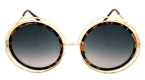 Occhiali da sole donna XXL grandi rotondi boho halo coachella doppio bordo oro tartaruga - Foto 7 di 10