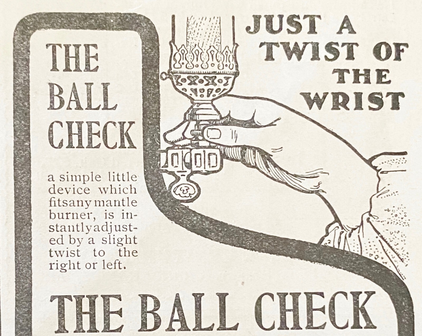 BALL CHECK LIGHT CO. Vtg Victorian Gas Lamp Antique 1903 Print Ad~Twist of Wrist
